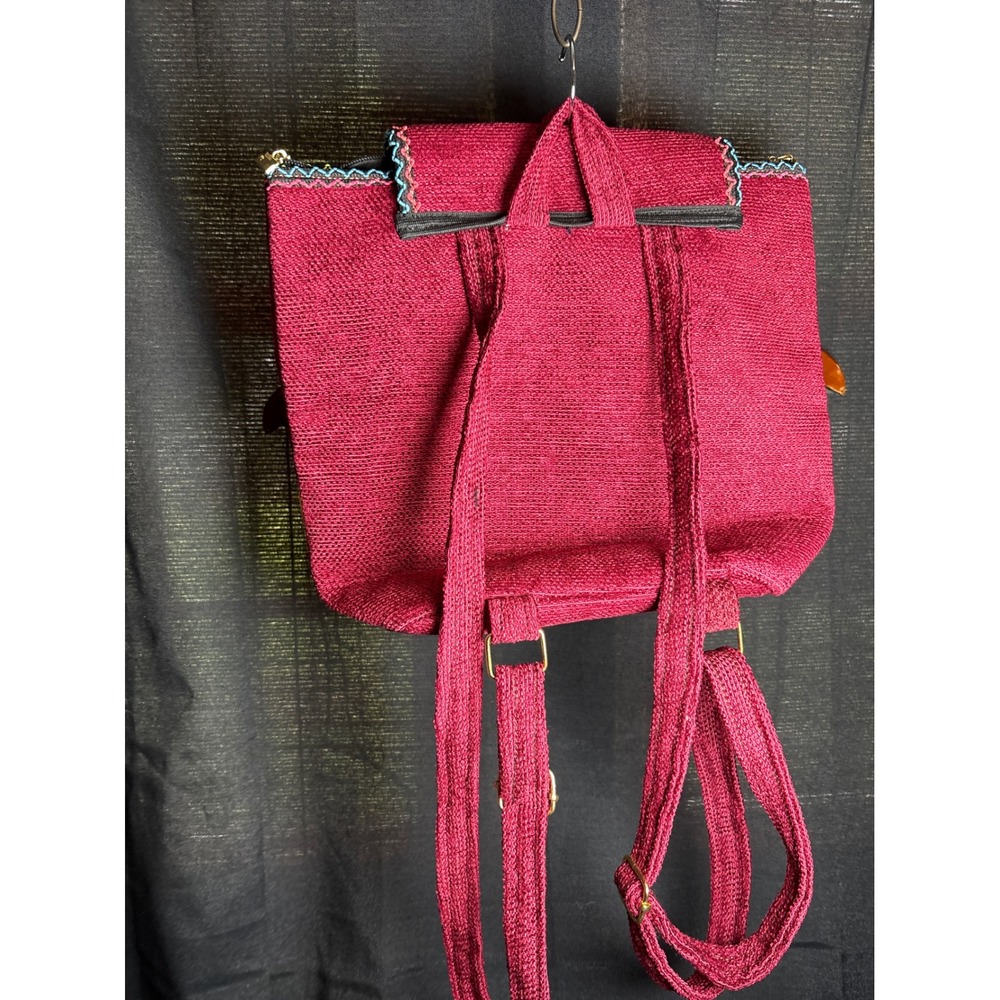 Woven Floral Embroidered Backpack Burgundy Boho Artisan Festival Daypack Small - Picture 2 of 5